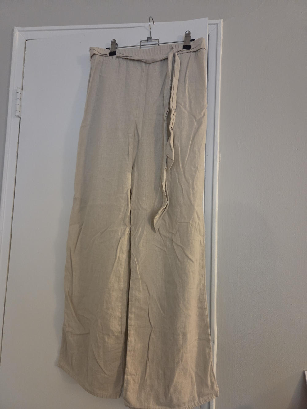 Ambiance Neutral Tan Wide-Leg Linen-Blend Chinos with Tie Waist